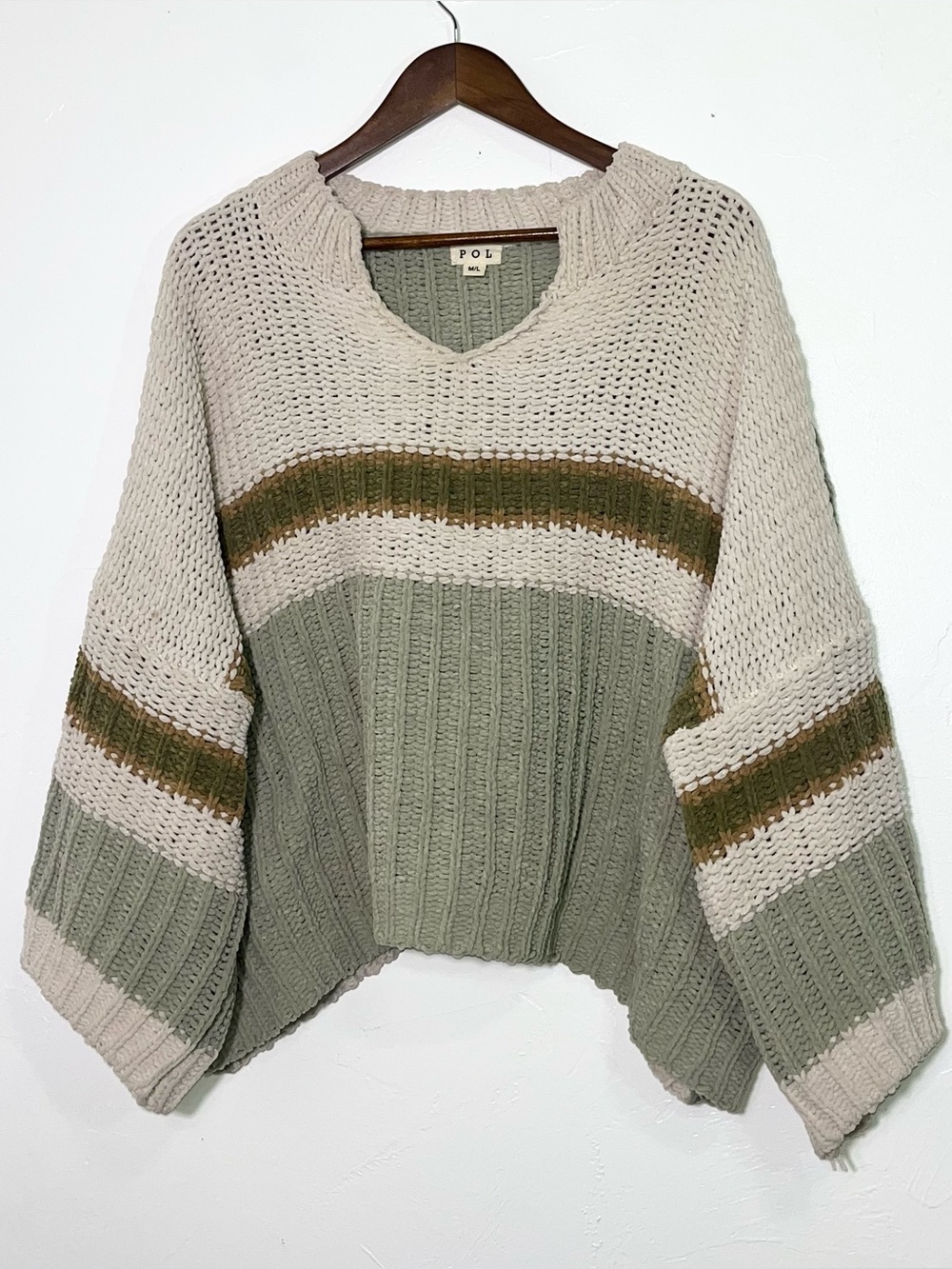 POL Cropped Oversized Color Block Crochet Knit Sweater